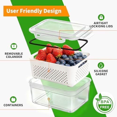PRAKI Fruit Storage Containers for Fridge with Removable Colander, 5-Pack