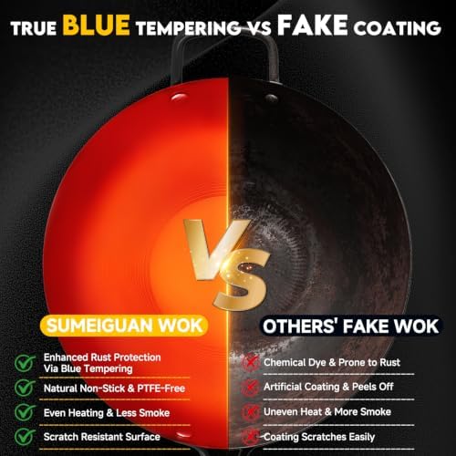 13.5" Blue Carbon Steel Wok, Pre-Seasoned Flat Bottom Wok Pan