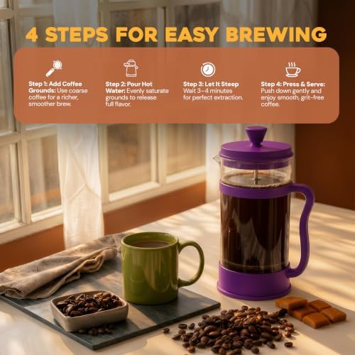 Utopia Kitchen Borosilicate Glass French Press Coffee Maker 34 Oz, Plum
