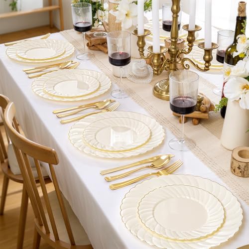 YOUBET 125PCS Ivory Scalloped Plastic Plates for Party Wedding