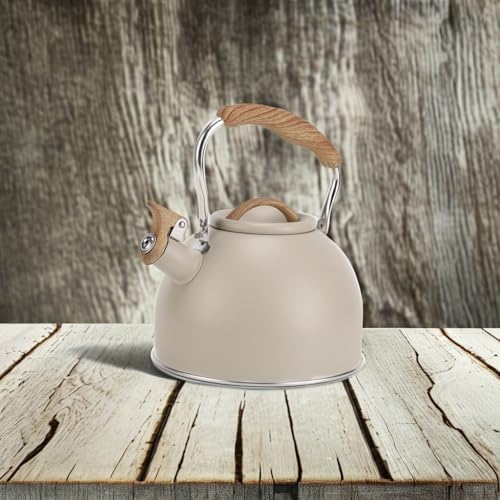 Tea Kettle, Vegoran 100 OZ / 3 Liter Whistling Tea Kettle, Tea Pots for Stove Top Food Grade Stainless Steel with Wood Pattern Folding Handle, Loud Whistle Kettle for Tea, Coffee, Milk (Milk White)