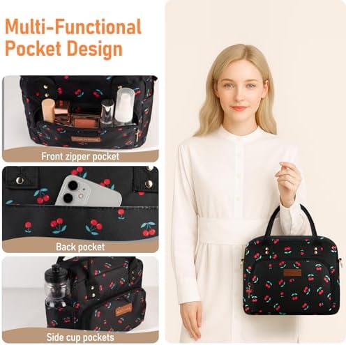 Lunch Bag Large Insulated Lunch Box for Women Men Adult Cute Cherry Lunchbox Lunch Bags Boxes Pail with Shoulder Strap for Work Mom Picnic Office Travel 11.4×6.8×9.1 inches 11.5L Black
