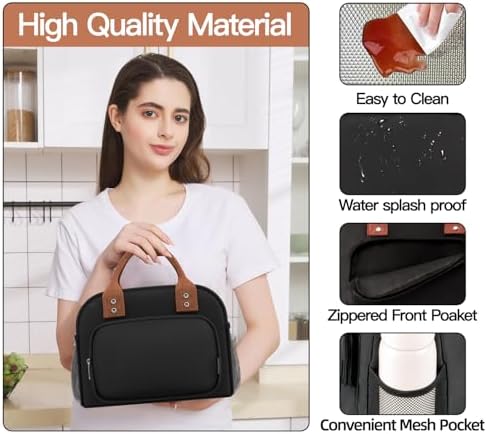 Lunch Bag for Women, Insulated Lunch Box for Women Men Work Adult, Cute Lunch Tote Large Capacity Reusable Cooler Containers for Picnic Travel Office or Beach (Black)