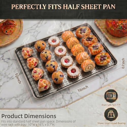 Cooling Racks for Cooking 2-Pack, 10" x 16" No Warp Heavy Duty Metal Wire Rack - Fits Half Sheet & Jelly Roll Pan, Oven & Dishwasher Safe 575°F, Rust Resistant, for Baking, Roasting & Grilling