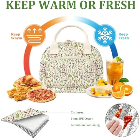 TESAFNG Lunch Bag - Insulated Lunch Box for Women, Reusable Large Capacity Cooler Bag for Adult, Small Leakproof Cute Corduroy Lunch Tote for Work Office Travel Picnic (Floral)