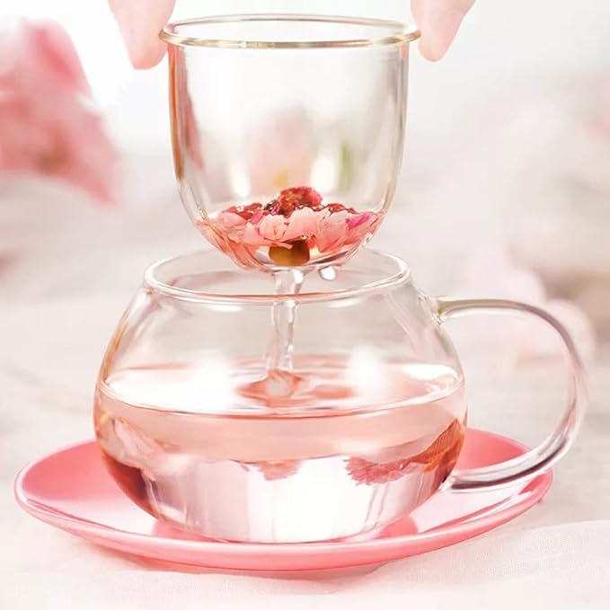 Mushroom Tea Cup Set, Cute Glass Tea Cups and Saucers, Kawaii Tea Cup with Infuser for Loose Leaf Tea Steeper, Coffee Mug Christmas Gifts for Women, Tea Infuser Mug with Lid for Mother Girls (Pink)