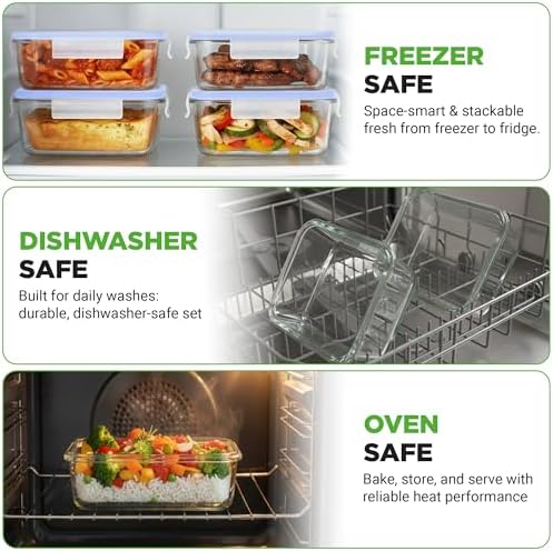 NutriChef 10-Piece Glass Food Containers - Stackable Superior Glass Meal-prep Storage Containers, Newly Innovated Leakproof Locking Lids w/Air Hole, Freezer-to-Oven-Safe (Blue)