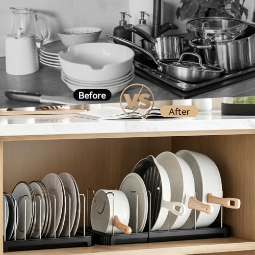 2 Pack Pot Lid Organizer, 12"-23" Pots and Pans Organizer Under Cabinet with 7 Adjustable Dividers, Pot and Pan Organizer for Kitchen Pan Organizers Inside Cabinet, Black