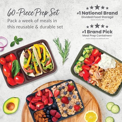 Bentgo Prep Meal Prep Kit, 1, 2 & 3-Compartment Containers, 60 Piece Set