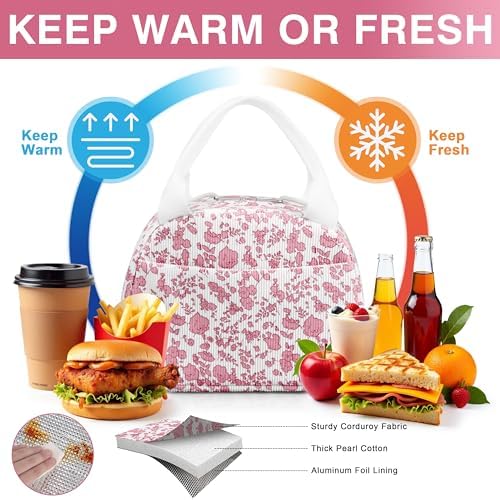 TESAFNG Lunch Bag - Insulated Lunch Box for Women, Reusable Large Capacity Cooler Bag for Adult, Small Leakproof Cute Corduroy Lunch Tote for Work Office Travel Picnic (Corduroy Rose Red-Flower)