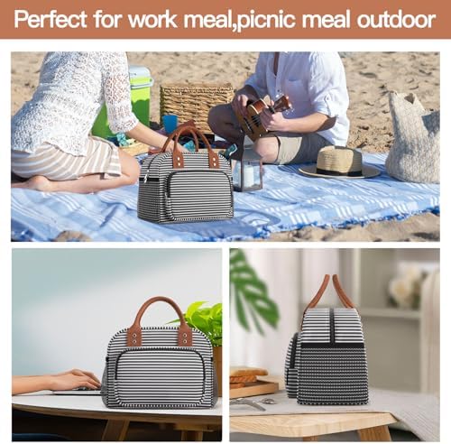 Lunch Bag for Women, Insulated Lunch Box for Women Men Work Adult, Cute Lunch Tote Large Capacity Reusable Cooler Containers for Picnic Travel Office or Beach (Black and White Stripes)