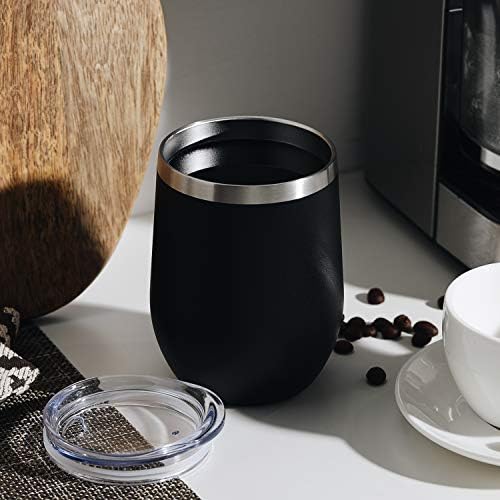 MEWAY 12oz Wine Tumbler 16 Pack Bulk Gifts for Women,Double Wall Vacuum Stainless Steel Travel Mug with Lid,Insulated Stemless Wine Cup Glass for Coffee,Cocktails,Drinks(Black,Set of 16)