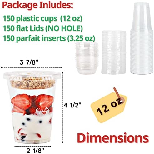 Aatriet [150 SETS 12 oz Clear Plastic Parfait Cups with Insert 3.25oz & Flat Lids No Hole, Yogurt Fruit Parfait Cups for Kids, for Dips and Veggies, Take Away Breakfast and Snacks. No Leaking