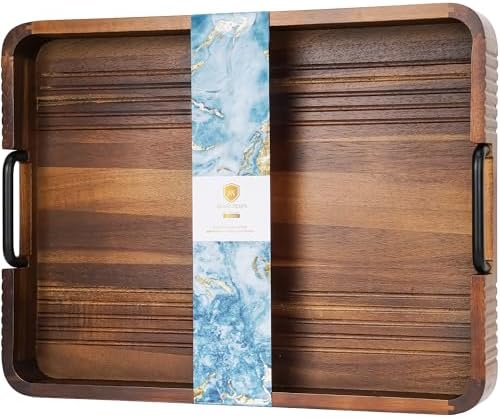 Acacia Wood Serving Tray with Metal Handle, 17x13in Tray for Ottoman