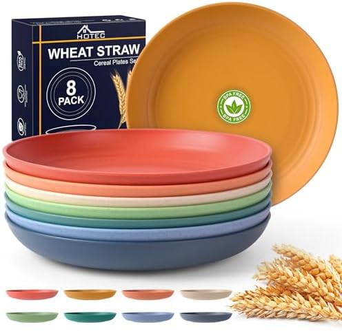 HOTEC 8-Pack 9inch Deep Dinner Plastic Plates, Multicolor