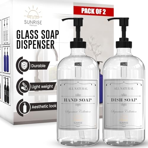 Sunrise Premium Clear Glass Soap Dispenser with Pump, 2 Pack