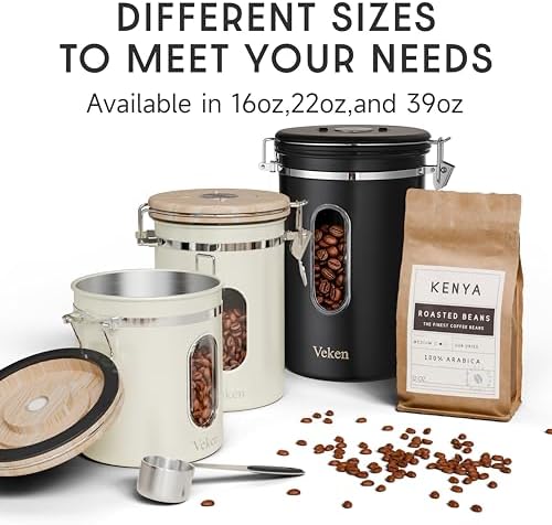 Veken Coffee Canister with Window, Airtight Stainless Steel Container, 16OZ