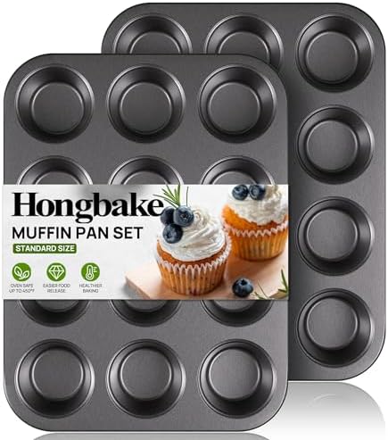 HONGBAKE Muffin Pans for Baking, Nonstick Cupcake Tin with 120 Parchment Liners, 2 Pack 12 Cup Premium Cheesecake Trays - Gray