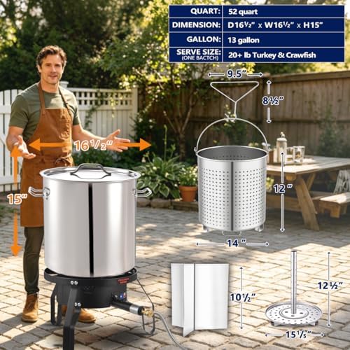 ARC 52QT Stainless Steel Stockpot for Crab Seafood Boiler w/Basket, 13Gal
