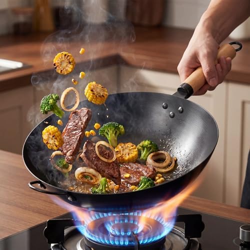 NEWBULIG 13.5" Carbon Steel Wok Pan, Pre-Seasoned Flat Bottom Wok for Stir Fry, BBQ, Grill & Camping, Compatible with Induction, Electric, Gas and Open Fire, Black
