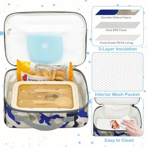 FlowFly Kids Lunch box Insulated Soft Bag Mini Cooler Back to School Thermal Meal Tote Kit for Girls, Boys,Blue Camo