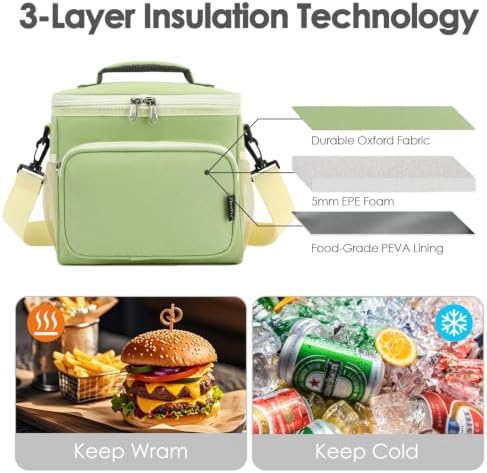FlowFly Insulated Reusable Lunch Bag Adult Large Lunch Box for Women and Men with Adjustable Shoulder Strap,Front Zipper Pocket and Dual Large Mesh Side Pockets,Light Matcha