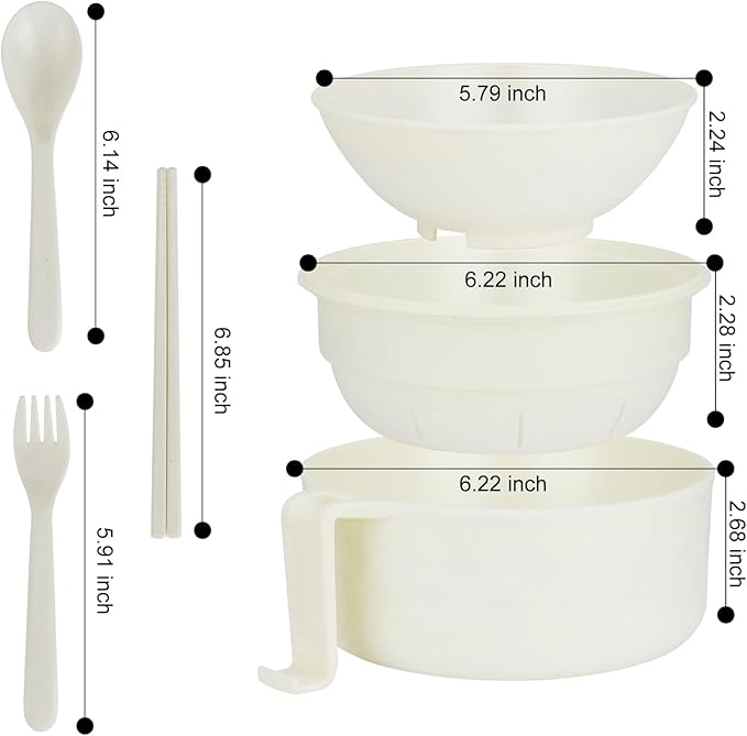 Ramen Bowl Set of 2, Ramen Cooker 33 oz, Ramen Bowls with Chopsticks and Spoon, Microwave Pasta Cooker, Ramen Bowl Microwave Gift College Dorm Essentials for Girls Guys (White)