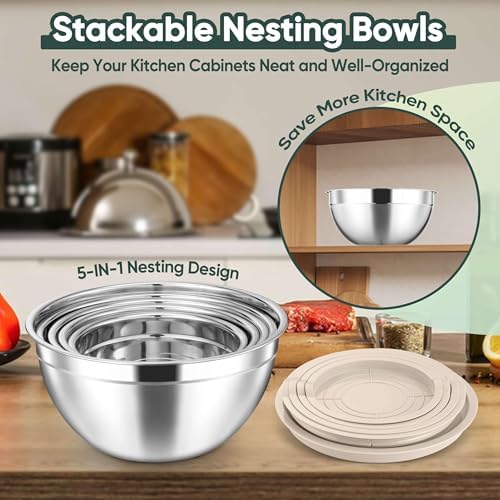 Herogo 5-Piece Nesting Mixing Bowls with Lids, 3 Grater Attachments, Khaki