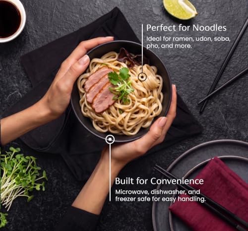 KooK Ceramic Japanese Noodle Bowl Set, Large Capacity, For Ramen, Udon, Soba, Pho and Soup, Microwave and Dishwasher Safe, 34 oz, Matte Black, Set of 4
