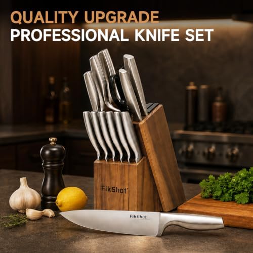 FikShot 14PCS Knife Set with Block & Sharpener, Premium Full Tang Forged
