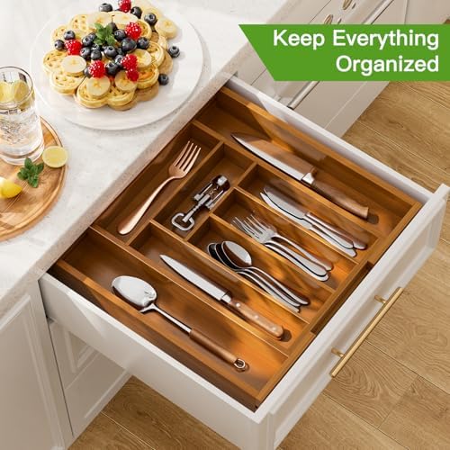 Pipishell Bamboo Expandable Silverware Drawer Organizer, Brown, Medium