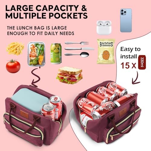 Genteen Lunch Box for Women,Insulated Adult Lunch Boxes,Reusable Cute Lunch Bags for Work,High Capacity Tote for Work, Cooler Bag for Girls Office Travel Picnic School-Red