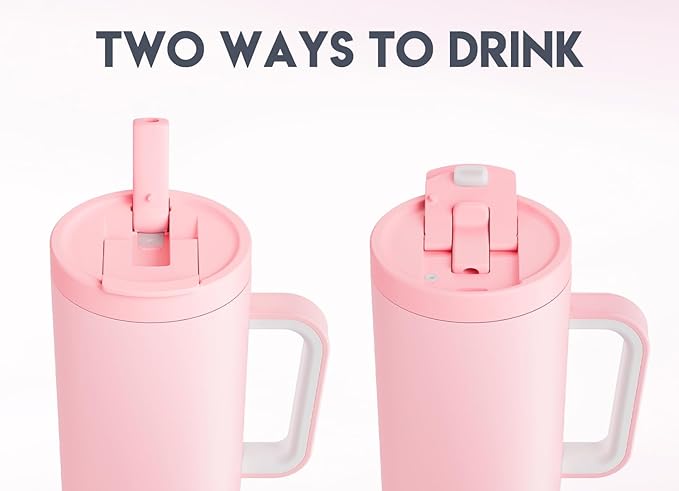 Meoky 40 oz Tumbler with Handle and Flip Straw, 100% Leakproof Tumbler with Lid and Straw, Stainless Steel Insulated Cup, Cupholder Friendly, Keeps Cold for 34 Hours (Blush)