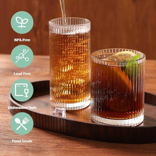 Moretoes Ribbed Glass Cups Set of 12 Drinking Glasses