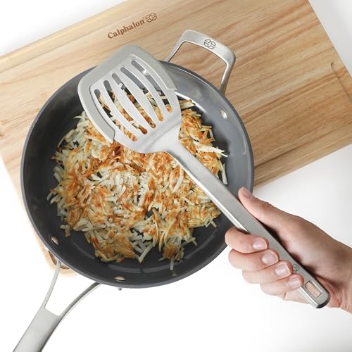 Calphalon Prime Slotted Turner, Stainless Steel Wide Slotted Spatula with Silicone Rim for Nonstick Cookware, Heat Resistant Durable Kitchen Tool for Cooking, Flipping, Draining and Serving