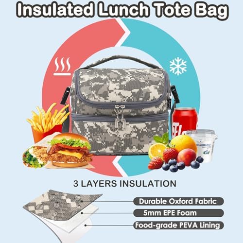 FlowFly Kids Double Decker Cooler Insulated Lunch Bag Large Tote for Boys, Girls, Men, Women, With Adjustable Strap, Digital Camo
