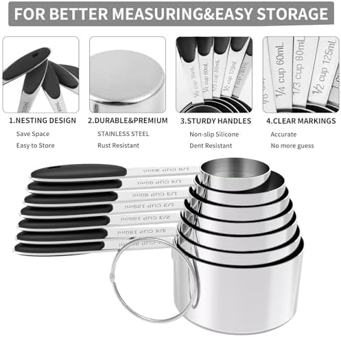 TILUCK Stainless Steel Measuring Cups and Spoons Set with Silicone Handle – Nesting Design for Space-Saving, Heavy Duty & Dishwasher Safe for Dry/Liquid Ingredients, Cooking & Baking (12)