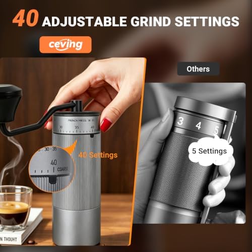 CEVING Mini Manual Coffee Grinder With 40 Adjustable Settings, Silver