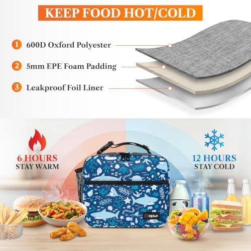 opux Insulated Lunch Bag for Kids, Reusable Lunch Box for School, Shark