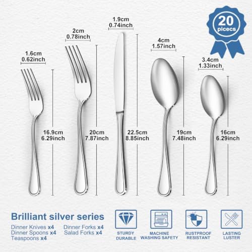 BEWOS Silverware Set for 4-20 Piece Stainless Steel Flatware Set Including Spoons, Forks, Knives, Mirror Polished Flatware for Home, Kitchen, Restaurant, Dishwasher Safe