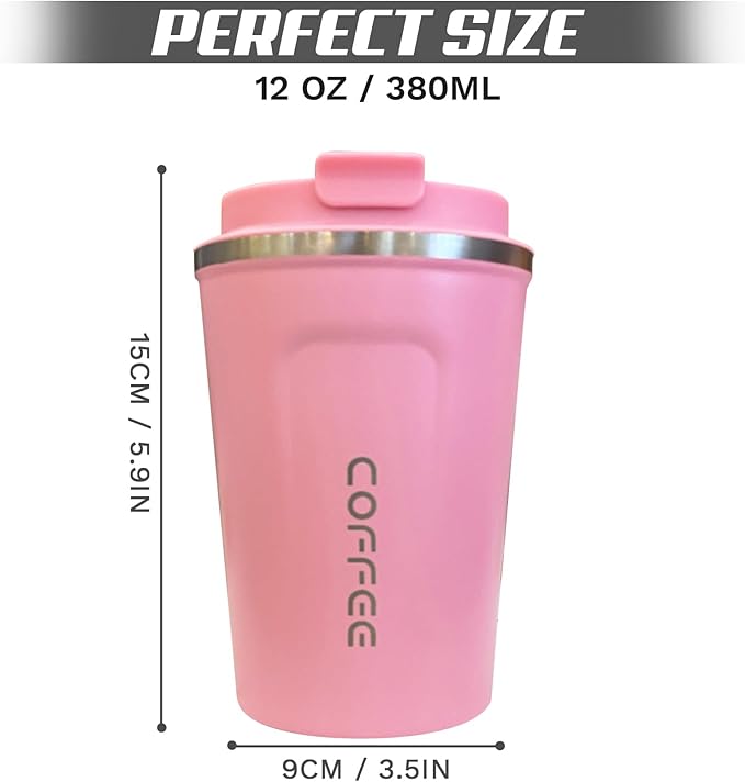 Travel coffee mugs leak-proof, reusable coffee cups with lids, stainless steel vacuum insulated coffee tumblers, thermal insulation cups for men & women keep drinks hot & cold(2nd-Pink, 12OZ)