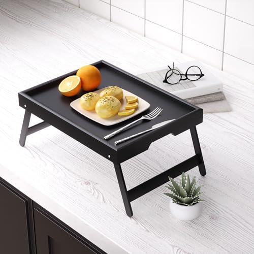 Fibogollo 2 Pack Bamboo Bed Tray Table with Folding Legs,Breakfast Trays,Serving Tray for Food and Snack,Laptop Trays for Working(Black)