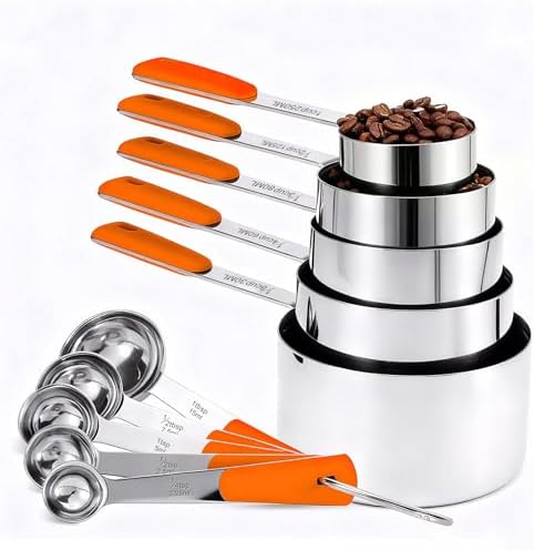 Bopei 10-Pcs Stainless Steel Measuring Cups & Spoons Set, Orange Handles