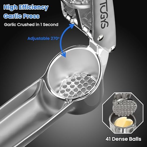 Heavy Duty Stainless Steel Garlic Press - Professional Grade Garlic Mincer & Crusher with Ergonomic Soft Grip Handle, Dishwasher Safe, Rust-Proof - Easy to Clean Kitchen Gadget for Cooking