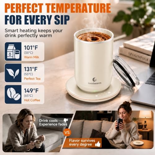 Self Heated Stirring Coffee Mug, 10oz Auto Mixing Cup with Warmer, White
