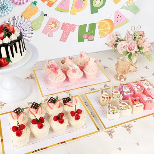 Mwellewm 12 Pcs White Plastic Serving Trays with Gold Rim, 14''x9'' Rectangle Dessert Trays for Dessert Table, Disposable Platters Cookie Cupcake Gold Serving Tray for Birthday Party Wedding
