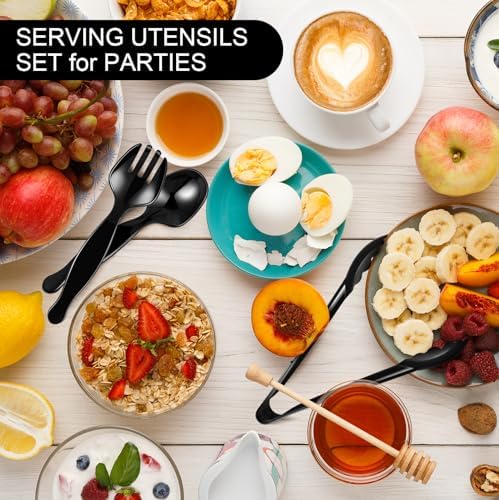 30 Pcs Disposable Black Plastic Serving Utensils,10 Set