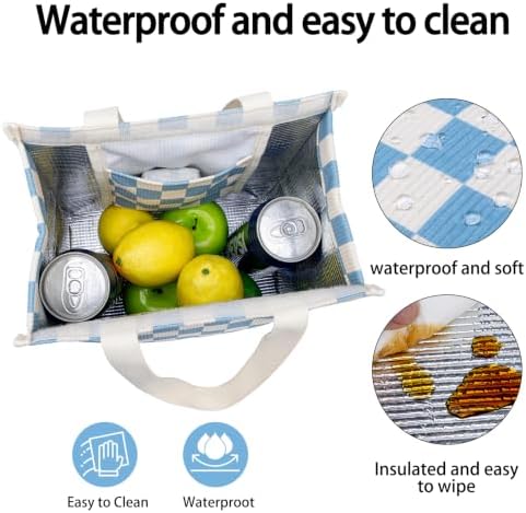 Insulated Lunch Bag for Work, 10.2"x5.9"x10.2" Oxford Waterproof Lunch Tote, Thermal Lunch Box for Office, Picnic & Outdoor, Striped Canvas Tote Bag -Check Blue
