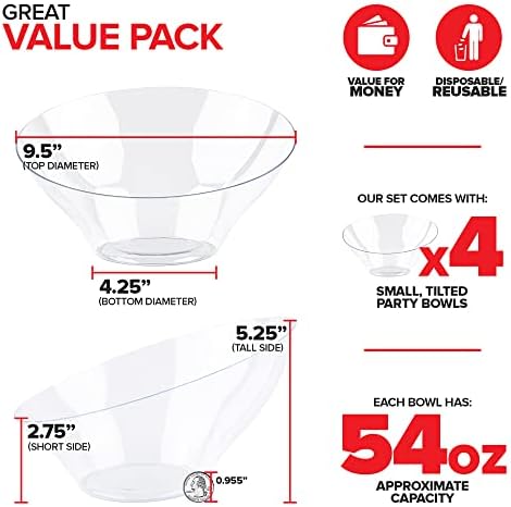 54oz Clear Plastic Serving Bowls (4 Pack) Large Disposable Candy Dishes, Buffet Containers for Chips, Popcorn, Snacks, Punch, Salad Bar, Snack Bowl, Parties, Office Desk, Bridal Shower, Party Supplies