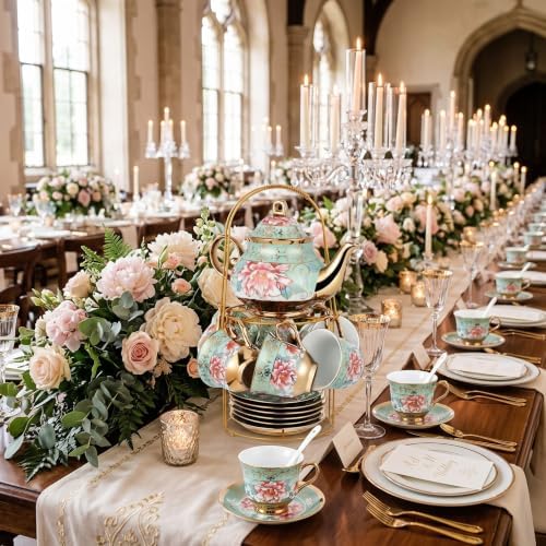 Zhehao 20 Pcs Porcelain Tea Set for Adult, with Metal Holder, Fresh